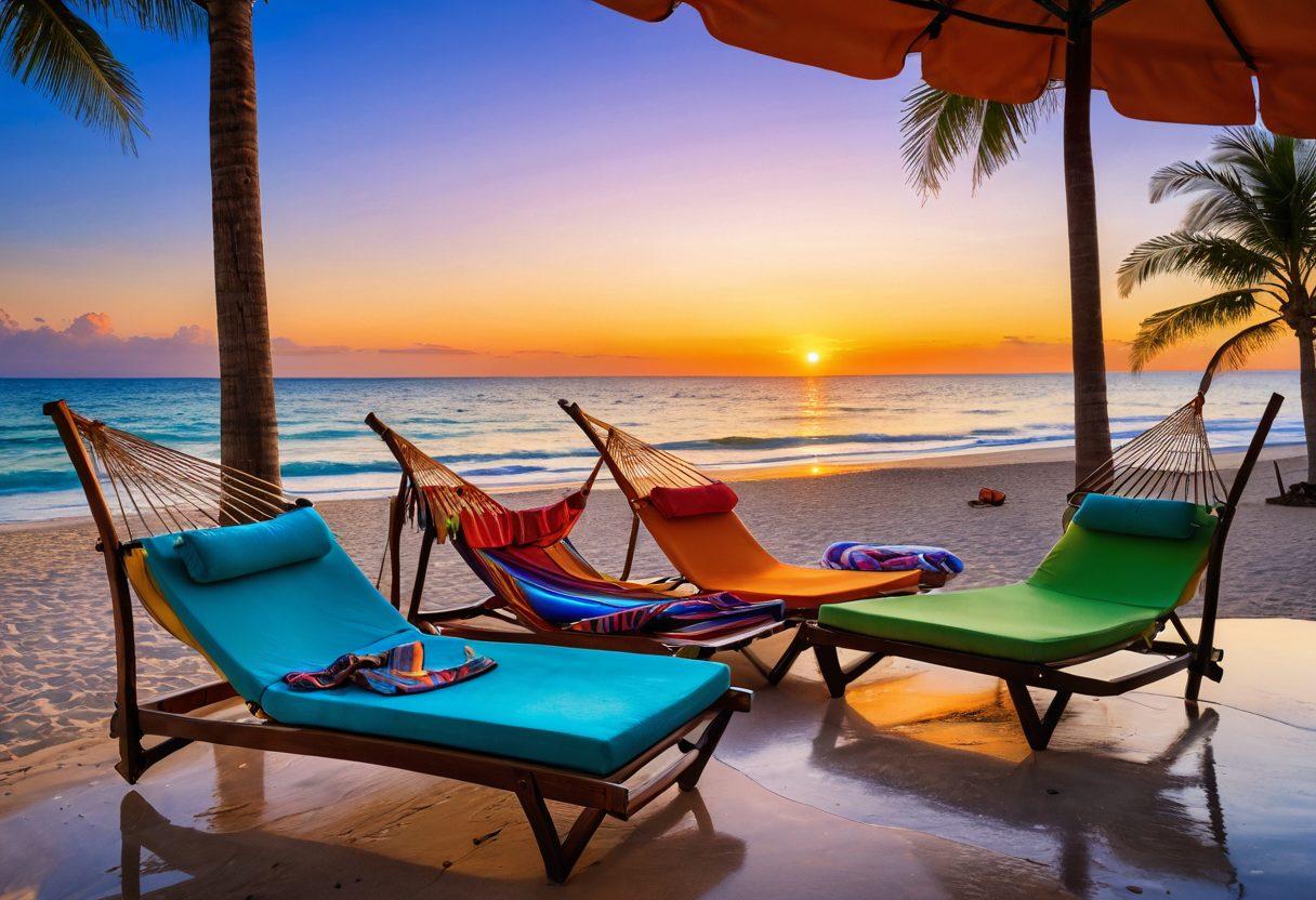 An inviting beach scene featuring a stylish array of colorful bikinis displayed on sun loungers, with a soothing hammock in the background. Incorporate elements of sleep therapy like a calming sunset and gentle waves lapping on the shore, creating a relaxing atmosphere. Add accessories like sun hats and beach blankets for a cozy feel. super-realistic. vibrant colors. warm light.
