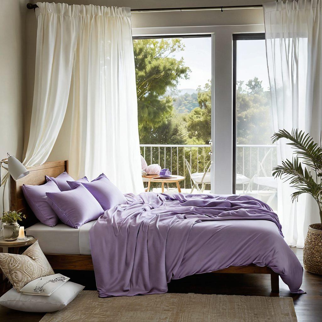 A creative fusion of a stylish bikini draped across a cozy sleep environment, featuring a soft, plush bed adorned with trendy summer pillows and accessories. A gentle summer light filters through sheer curtains, casting a warm glow, while sleep-related elements like a calming lavender diffuser and a sleep mask are subtly integrated. The overall scene conveys tranquility and summer fashion in harmony. vibrant colors. minimalistic style. soft focus.
